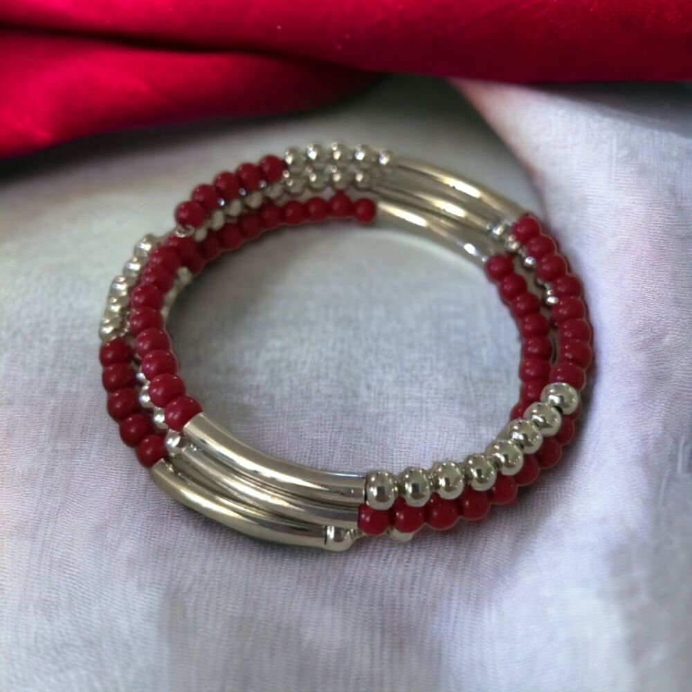 Unique Coiled Silver and Red Beaded Bracelet for Women - Fashion Costume Jewelry